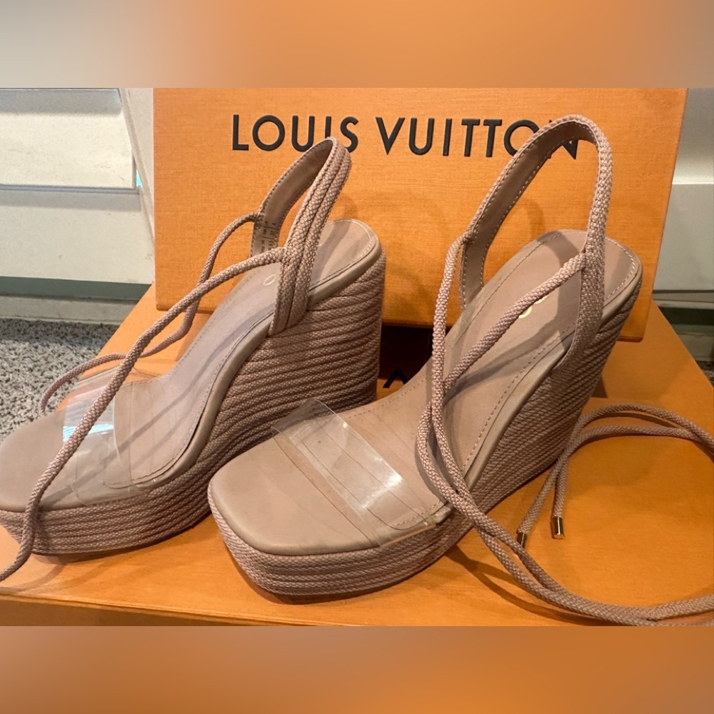 Aldo Taupe Wedge Sandals with Transparent Strap